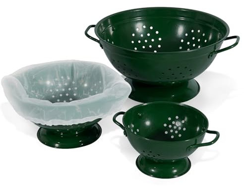 Metal Colander Set of 3, Strainer Basket with Handles perfect for Spaghetti, Pasta, Berry, Vegetable, Fruit, Solid Base Powder Coated Kitchen Essential Strainer Set, 1 & 3.5 & 5 Qt (Dark Green)