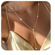 BelleVive Y-förmige Goldkette für Damen, 14 Karat vergoldeter minimalistischer Kettenschmuck, Y-förmige mehrlagige Perlenketten-Tropfenketten, elegantes Geschenk zum Jahrestag