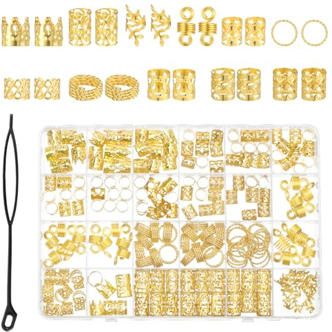 220 Pcs Gold Hair Cuffs Jewelry for Braids Gold Hair Charms Accessories Metal Braid Ring Jewelry Charm Dreadlock for Braids Beard Decoration