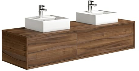 Vente-unique-Mueble de baño Flotante de Doble Lavabo en Color Natural Oscuro - Ancho 150 cm - ISAURE II