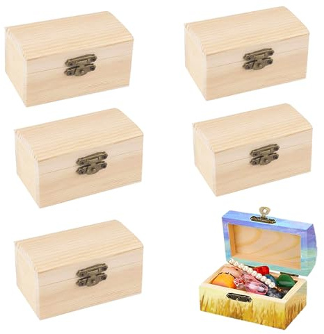 VIQIHEOE Holzkiste Klein, 6 Stück DIY Schatztruhe Truhe aus Holz, 9 x 5,5 x 5cm Mini Rechteckige Holzschatzkiste, Kleine Holzkiste mit Verriegelungsverschluss, für Aufbewahrung und Bastelarbeiten