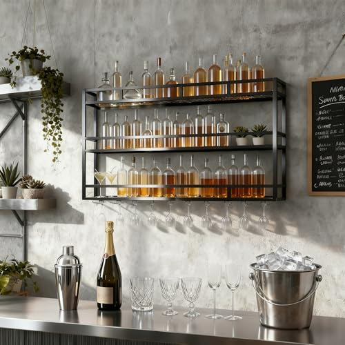 Hsiock Weinregal Wand Metall 100 cm, 3 Ebenen Barregal zur Wandmontage | Gläserhalter und Schutzgeländer, Schwebendes Weinregal für Hausbar, Küche und Esszimmer