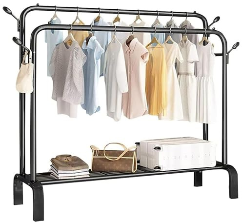Heavy Duty Clothes Rail - Sturdy Black Metal Rack with Double Hanging Rods, Shoe Rack Shelf, 4 coat hooks, Freestanding Wardrobe Rail for Bedroom, Shop - Black Clothing Rail Rack (Without Wheels)