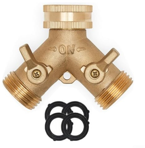 SageFurned Manguera de jardín de latón divisor en Y de 2 vías conector de colector resistente con válvulas de bola de encendido/apagado, salida de agua de cobre bronce a prueba de fugas para sistema