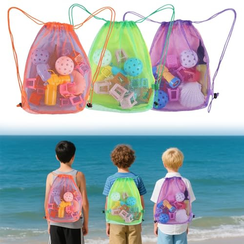 hankousi 3-teiliges Set Kinder Strandspielzeug-Taschen – große Netz-Rucksäcke mit Kordelzug für Sandspielzeug-Aufbewahrung, leichte, robuste Netze zum Muschelnsammeln für Outdoor-Strandurlaube