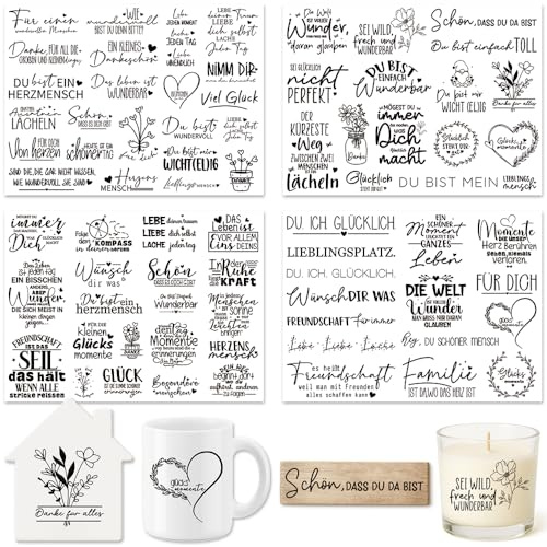 Farbeele 4 Stück Rub On Sticker, UV Transferaufkleber Folie 19x14cm | für Glas, Holz, Karten, Scrapbooking, DIY Handarbeiten, Basteln, Geschenkidee, Wohndeko, Party Deko （Schöne Wörter）