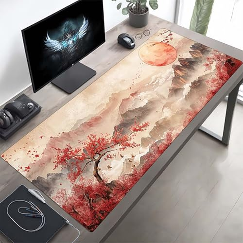 Gaming Mauspad 1200x600x3 mm Gaming Mousepad XXL Rot Baum Mauspad Schreibtischauflage, Genähte Kanten Mausmat, rutschfeste Gummibasis, Schreibtisch Schutz für Home Büro, Geschenke PjY10938 0-M