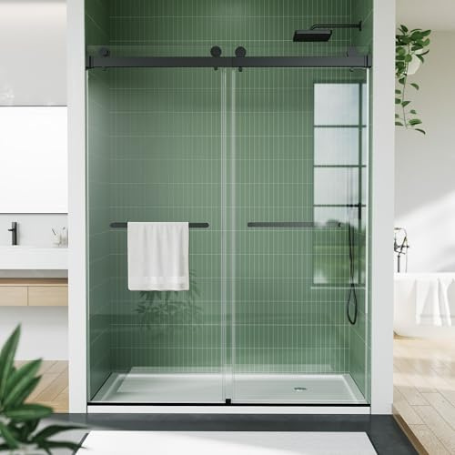 Sliding Shower Door, 56-60 inch W×74 inch H Glass Shower Door with Stainless Steel Frame, Double Sliding Panels, Matte Black Finish, for Bathtub and Bathroom Use