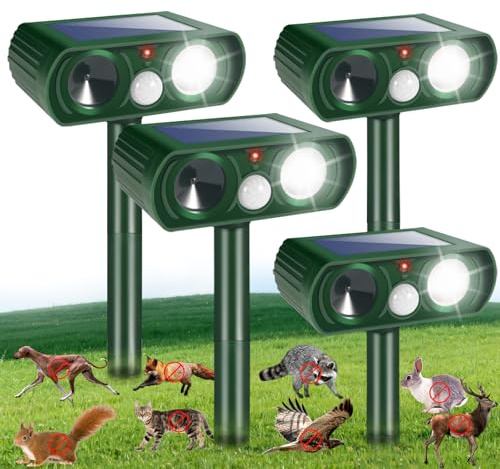 Solar Ultrasonic Animal Repellent Cat Deterrent Outdoor Deer Repellent Devices Motion Detection Strobe Light,Waterproof Squirrel Skunk Raccoon Dog Rabbit Deterrent for Garden Yard,4 Pack