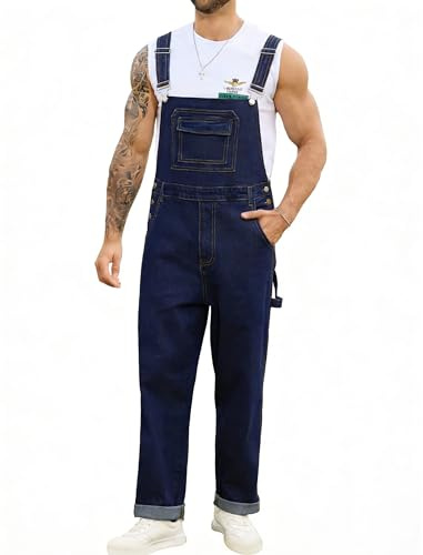 Odefou Overalls for Men Fashion Jumpsuit Work Bibs Coveralls Overol Para Hombre White Elephant Gifts(Dark Blue,XL)