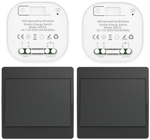 Cerhot interruptor inalámbrico cinético negro RF interruptores inalámbricos de control simple y doble sin batería mando a distancia radio interruptor inalámbrico (Negro 1Gang 2V2 EU)