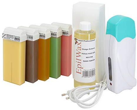 EpilWax - Kit completo de depilación con cera desechable, con 5 fragancias diferentes, rollo de cera desechable, juego con rodillo grande y aceite post-encerado, para piernas, axilas y cuerpo
