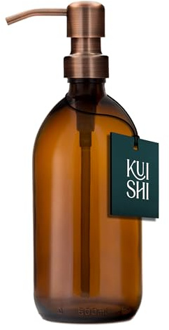 Kuishi Botella de Vidrio ámbar con Bomba de Acero Inoxidable [500 ml, Bomba de Bronce], ámbar Botellas de Vidrio marrón Recargables Ideal para Lavado a Mano, champú, acondicionador (sin BPA)