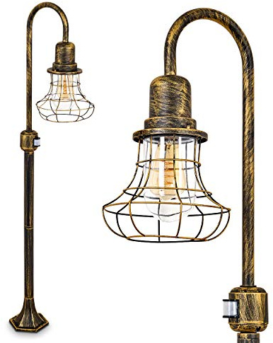 HOFSTEIN Außenstehleuchte Borkan mit Bewegungsmelder, Außenwegeleuchte aus Metall/Glas in Schwarz/Gold/Klar im Retro/Vintage-Design, 135 cm, E27, IP44, Wegeleuchte für Garten, Außenbereich, Hof