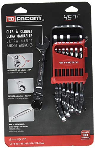 Facom 467BF.JP12 Metric Hinged Ratchet Wrench Set in Portable Case, Silver, Set of 12