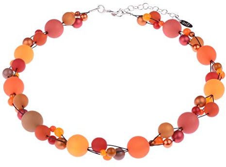 Adi-Modeschmuck Halskette “Amelie”, elegant verflochtene Mischung aus Polaris- und Glasperlen in attraktiven Farbkombinationen, handgefertigt in Berlin (Safran- und Orangetöne)