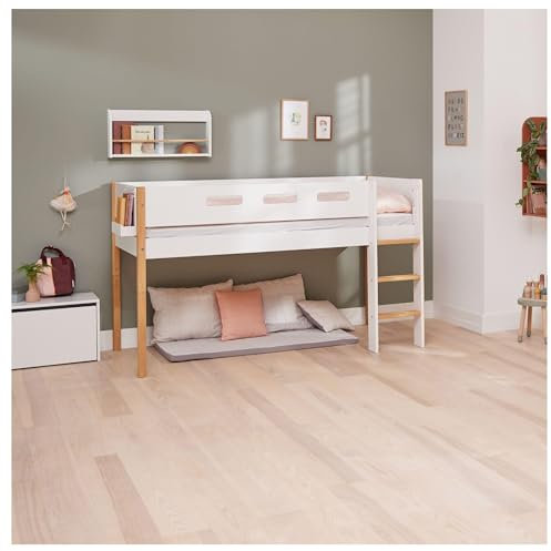 Flexa NOR skalierbar Hochbett 200 x 90 cm | Kinderbett mit Sicherheitsbarriere und Rutschfester Leiter | Halbhochbett mit praktischem Stauraum | Kommt ohne Matratzen (Farbe: Weiß und natürlich Holz)