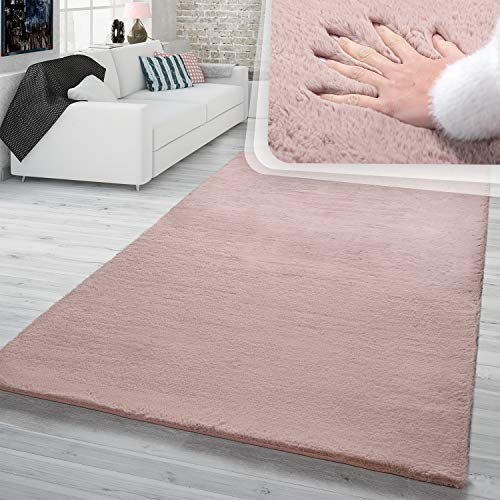 TT Home Hochflor Teppich Schlafzimmer Shaggy Kunstfell Flauschig Kaninchenfell Imitat In Rosa, Größe:80x300 cm