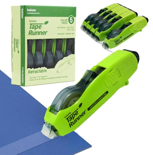 TAPE RUNNER - Double Sided Adhesive with Dispenser Roller Included - Acid Free, Sticky, Transparent - Ideal for Scrapbooking, Crafts & More - Retractable (315 inches per Cartridge), 5 Cartridges