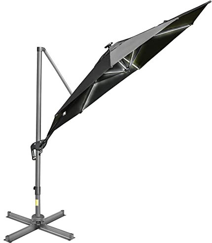 Outsunny 3(m) Cantilever Roma Parasol Adjustable Garden Sun Umbrella with LED Solar Light, Aluminium Frame, Tilt & Crank, UV50+, Cross Base Rotating Outdoor- Dark Grey
