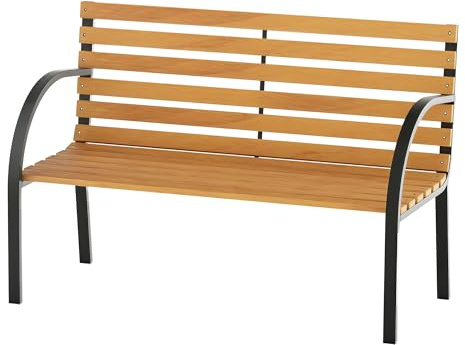 Outsunny Banc de Jardin 2 Places Style Rural Chic Assise Dossier à Lattes Bois Naturel lasuré châssis Acier époxy Noir