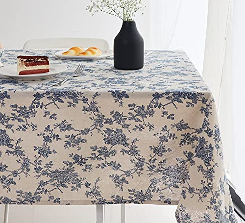 Wracra Blue Floral Pastoral Table Cloth Cotton Linen Vintage 140×220cm Rectangular Tablecloth Indoor Outdoor Table Cover Suitable for Party,Picnic,Dining,Garden(Blue Floral, 140×220cm)
