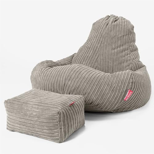 Lounge Pug - Gaming Sitzsack Sessel mit Hocker - Cord Nerzfarben - Ultra LUX - Sitzsack Sessel