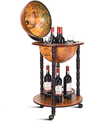 GOPLUS Globusbar mit 3 Rollen, Tisch Bar mit Großem Stauraum, Deko Hausbar aus Massivholz, Weinhalter mit 3 Hauptstützsäulen, für Flaschen & Gläser, für Bar Party Restaurant, Braun