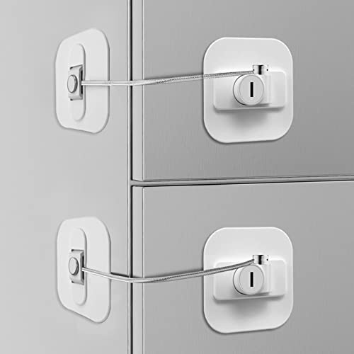 Lot de 2 verrous de réfrigérateur avec 4 clés, verrous de sécurité pour enfants avec adhésif puissant pour serrure d'armoire, congélateur et tiroir (blanc)