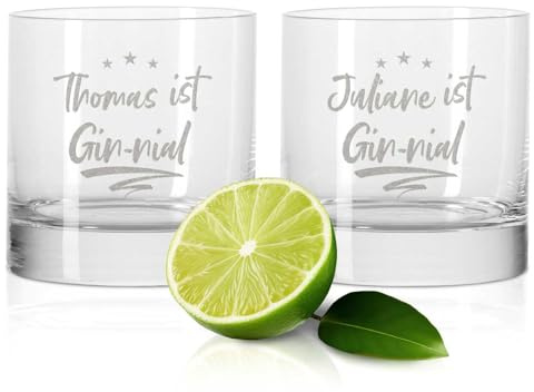 GRAVURZEILE 2er Set GIN-Gläser - Gin-nial mit Wunschnamen- Geschenk für Kollegen, Freunde & Familie - Witziges Geburtstagsgeschenk - Party Mitbringsel Geschenkset