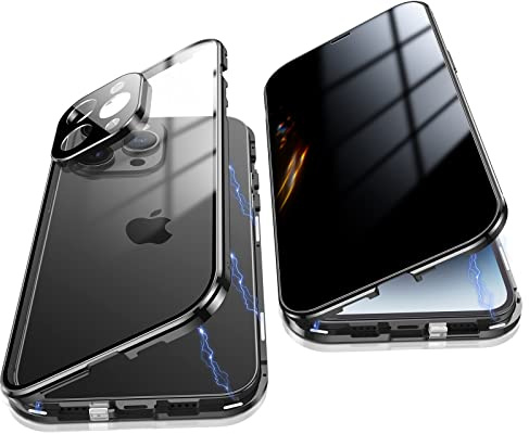 Jonwelsy Anti Peeping Hülle für iPhone 14 Pro Max, 360 Grad Schutz Case, Privatsphäre Gehärtetes Glas Anti-Spähen Cover, Stark Magnetische Adsorption Metallrahmen Handyhülle für 14 Pro Max (Schwarz)