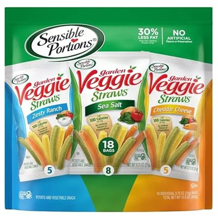 Sensible Portions Veggie Straws Multipack, Meersalz, Zesty Ranch und Cheddar Cheese Geschmack, glutenfreie Chips, einzelne Snacks, 21,3 g Beutel, 18 Stück