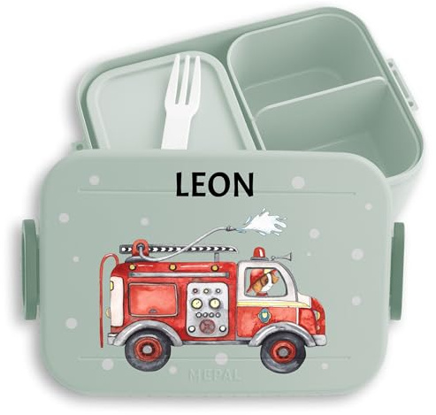 Kinder Bento Box Midi für Mepal Bentobox - Lunchbox Feuerwehrauto Brotbox Feuerwehr I 112 I Löschfahrzeug - 900 ml - Sage Grün - personalisierte geschenke kind brotdose krippe junge feuerwehrmann