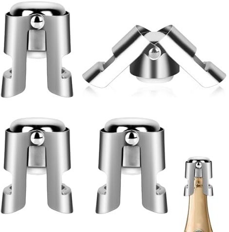 4PCS Wine Bottle Stoppers, Reusable Stainless Steel Champagne Ctoppers, Leak Proof Bottle Stoppers for Champagne, Beer, Prosecco and Wine