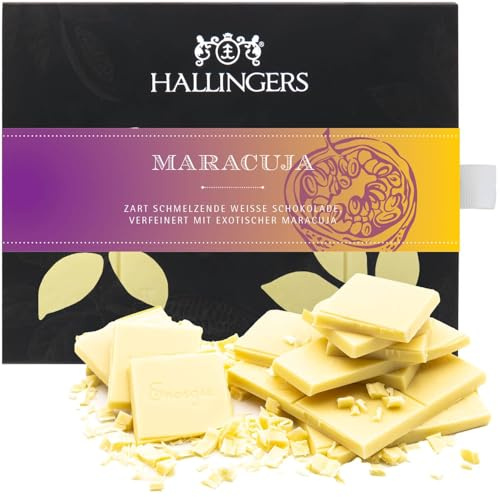 Hallingers Genuss Manufaktur Weiße Schokolade Geschenk - Tafel aus handgeschöpftem Edelkakao ohne Alkohol edler Karton Maracuja Maracuja, Geschenkidee für Frauen Männer