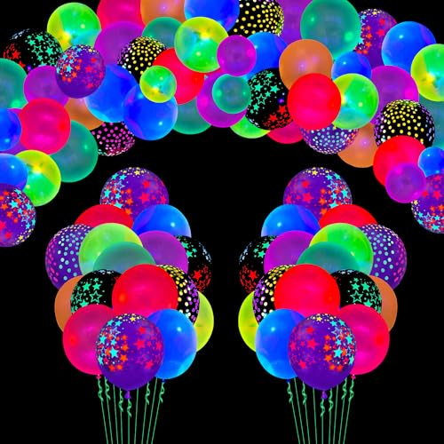 109 Packungen Neon Luftballons - Leuchtende Polka Dot Latex Ballons mit Fluoreszierenden Sternen - Schwarzlicht Reaktive Party Zubehör