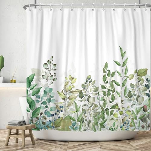 ASDCXZ Cortina de Ducha de Hojas 180x200 cm, Primavera Hojas Azules Verdes Hojas de Eucalipto Cortinas de baño Lavables Tela de Cortina Ducha de baño Impermeable con 12 Ganchos