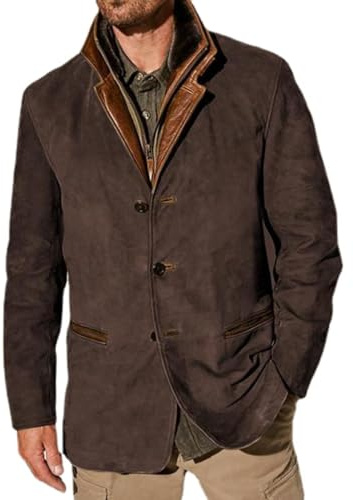 HESYSUAN Vestes vintage en daim pour hommes, blazer double couche à revers en fourrure, col en cuir, longueur moyenne, blazer d'extérieur pour l'automne et l'hiver, café, L