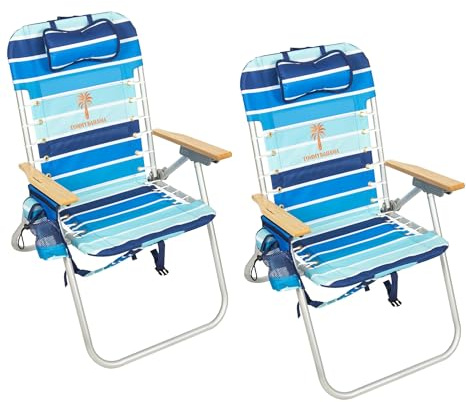 Tommy Bahama Hi-Boy 17 Seat Height 4-Position Lace-Up Suspension Folding Backpack Beach Chair, 2-Pack, Logo Stripe