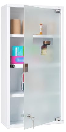Mount Brook Locking Medicine Cabinet, 11.8 W x 23.6 H x 4.7 D - Wall Mount Metal Medicine Cabinet with Lock, White Medical Cabinet, Frosted Glass Door with Keys and First Aid Cross Sign, 4 Shelves