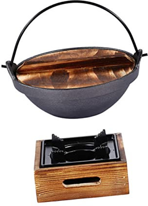 WOONEKY Cast Iron Sukiyaki Pot 20cm Hanging Iron Pot Large Capacity with Small Aluminum Square Furnace for Home and Outdoor Camping