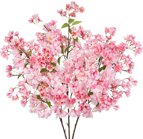 Hollyone 3PCS Künstliche Blume Rosa Künstliche Kirschblütenzweige 104cm, Frühlingsblumen Deko Blumen für Vase Frühling Sakura Seidenblumen Pfirsich Bouquet für Blumengesteck Tisch Home Dekoration