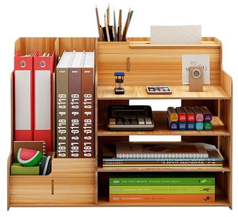 Desktop Organizer DIY, Schreibtisch-Organizer aus Holz, Bürobedarf Aufbewahrungsbox mit Stifthalter, Dokumentenablage für den Schreibtisch mit Tissue-Box für Zuhause, Büro und Schule (Holzfarbe)