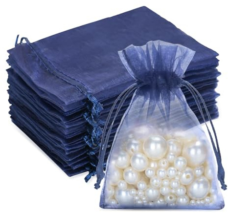 G2PLUS Dunkelblau Organzasäckchen 7x9cm: Kleine Geschenk Organzabeutel, 50 Stück Organza-Beutelchen mit Kordelzug Sie als Hochzeit Bonbonsbeutel, Schmuckbeutel, Geschenkbeutel