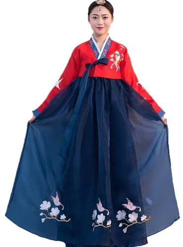AIHERQG Hanbok – ensemble de robe à manches longues for femmes, tenue traditionnelle coréenne, Costume de danse de mariage, de palais, d'halloween, Cosplay(Red Blue,L)