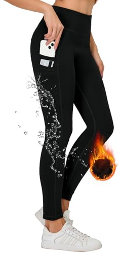 HMILES Termiska sportleggings, dam, vinter, vattentäta, fleecefodrade leggings, hög midja, ogenomskinliga, sportleggings, yogabyxor med fickor, svart, M
