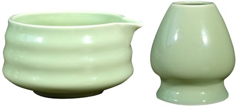 Matcha Bowl and Whisk Holder Set, 19 OZ Ceramic Tea Bowl with Spout and Whisk Stand, Japanese Tea Bowls for Matcha, Whisk Rest, Matcha Bowl Traditional Ceremonial Accessorie (Green)