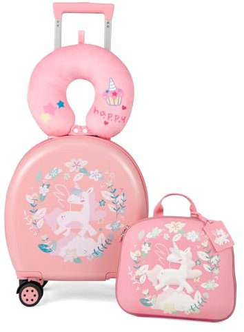 DREAMADE 4 TLG. Kinderkoffer-Set, Kinder Reisekoffer mit Rucksack, Nackenkissen & Kofferanhänger, Trolley Handgepäck für Kinder ab 3 Jahren, 38 x 21 x 57 cm Reisetrolley mit Rollen (Pink)
