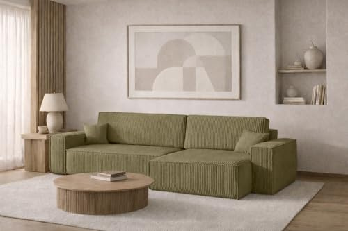 Kaiser Möbel - Ecksofa mit Schlaffunktion und Bettkasten, Schlafsofa mit Bettzeugbehälter, Wohnlandschaft L-Form, Klappsofa, Relaxsofa, Cordstoff, Bequemes Couch für Wohnzimmer, BEST XL, Olive, Rechts