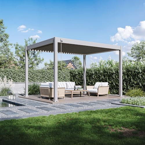 Weide Classic Pergola freistehend mit verstellbarem Lamellendach | Witterungsbeständiger Pavillon für Garten & Terrasse mit Handkurbel und integriertem Wasserablauf 3 x 4 m Sand